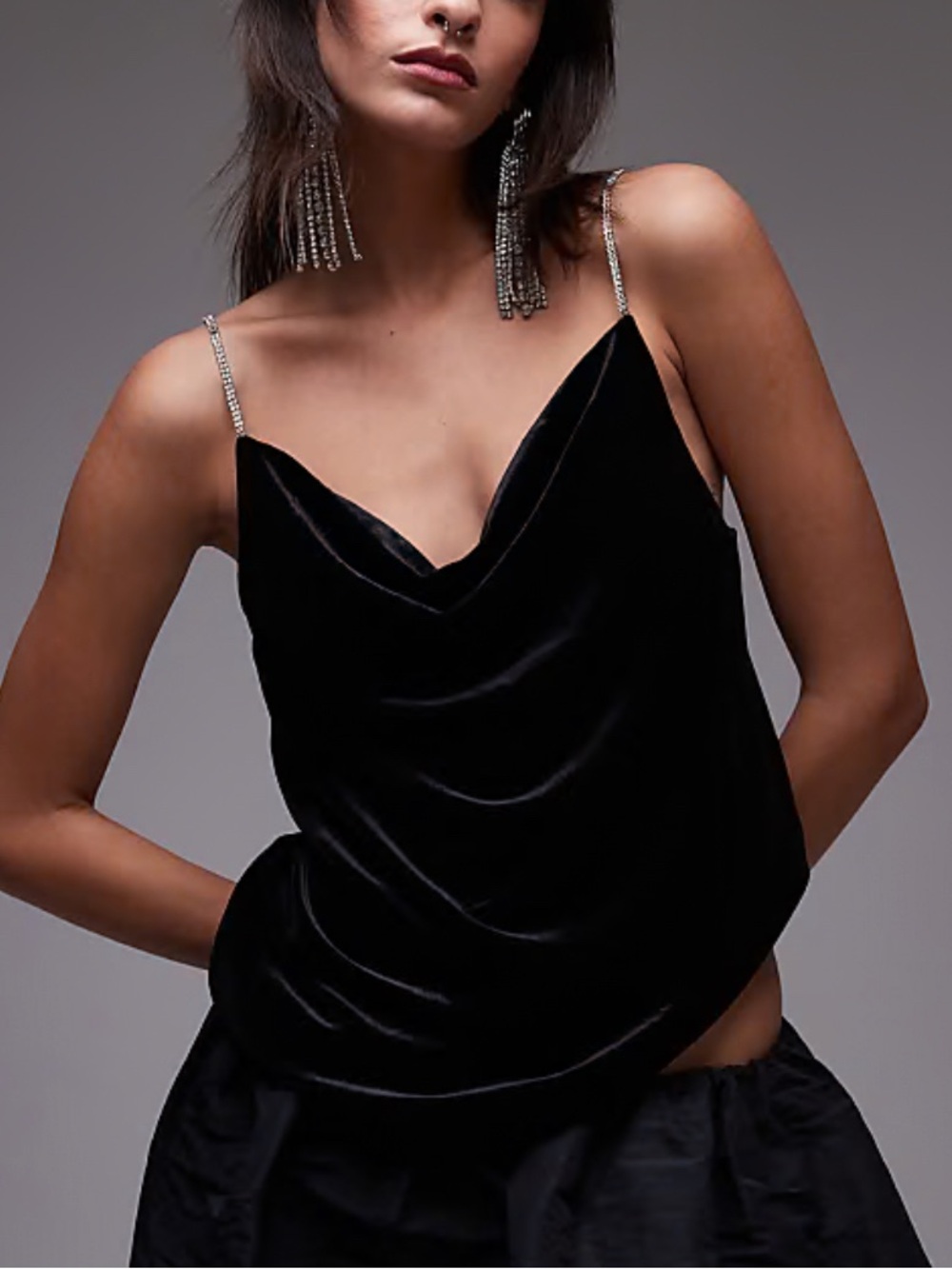 Mango Black Velvet Cowl Neck Rhinestone Strap Camisole